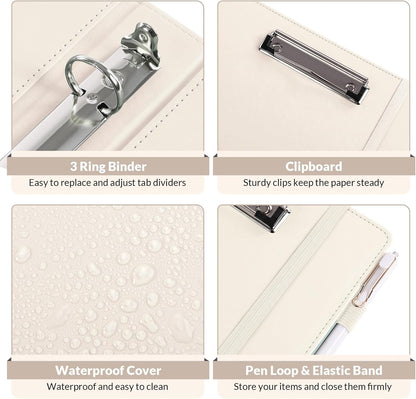 SKYDUE 3 Ring Binder with Clipboard,1 Inch Binder, 13.2" × 10.2" PU Clipboard Binder with Notepad & 5 Dividers with 5 Pockets, Labels, Clipboard Folder Great for School Office(Fit Letter Sized Paper)
