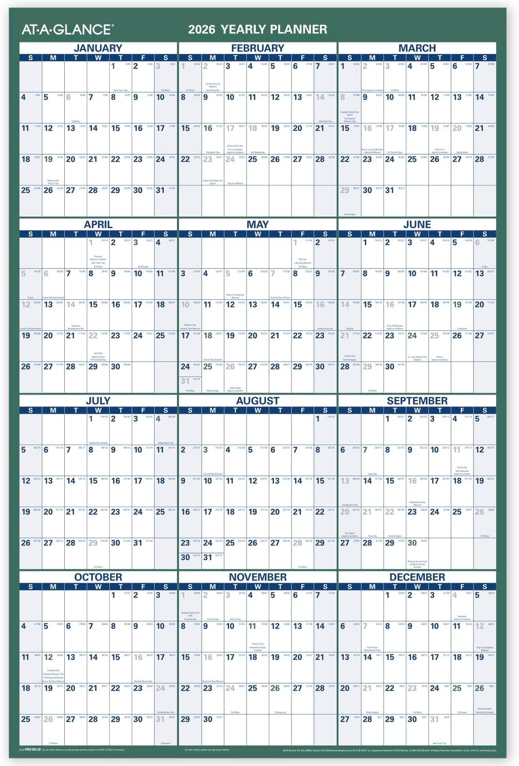 AT-A-GLANCE Dry Erase Calendar 2026-2027 Academic & Regular Year Wall Planner, 12-Month, 24" x 36", Double Sided, Vertical (PM210S28)