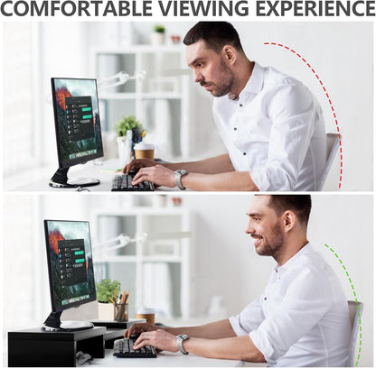 TAVR Dual Monitor Stand Riser Office Desktop Organizer Stand for 2 Monitors, Adjustable Length and Angle 3 Shelf, Extra Long Multifunctional Wooden Stand up to 43.3" fit Computer, Laptop, TV, Black