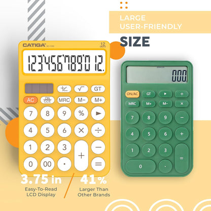 CATIGA 12 Digit Desktop Calculator Basic Desk Calculator with Large LCD Display, Big Buttons, 4 Function, Solar and Battery Dual Power, for Office, School, Home, SD-1292 Green