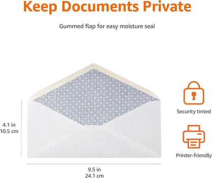 Amazon Basics #10 Security Tinted Business Envelopes for Documents and Invoices, Quality Seal, 4-1/8" x 9-1/2", White, Pack of 500