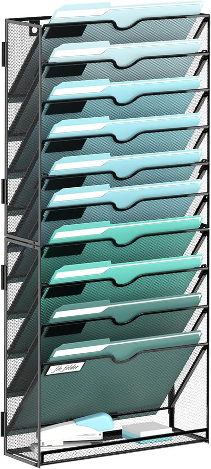 SUPEASY 10-Tier Wall File Organizer, Hanging Wall Files for Papers, Folders, Magazines, Clipboard, Wall Organizer for Office Home School Classroom, Black