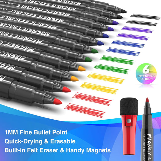 Magnetic Dry Erase Markers Fine: 12 Colors Erasable Whiteboard Markers Fine Point with Eraser Cap, Low Odor White Board Dry Erase Pens Fine Tip for Kids & Teachers, Home, Office and School Supplies