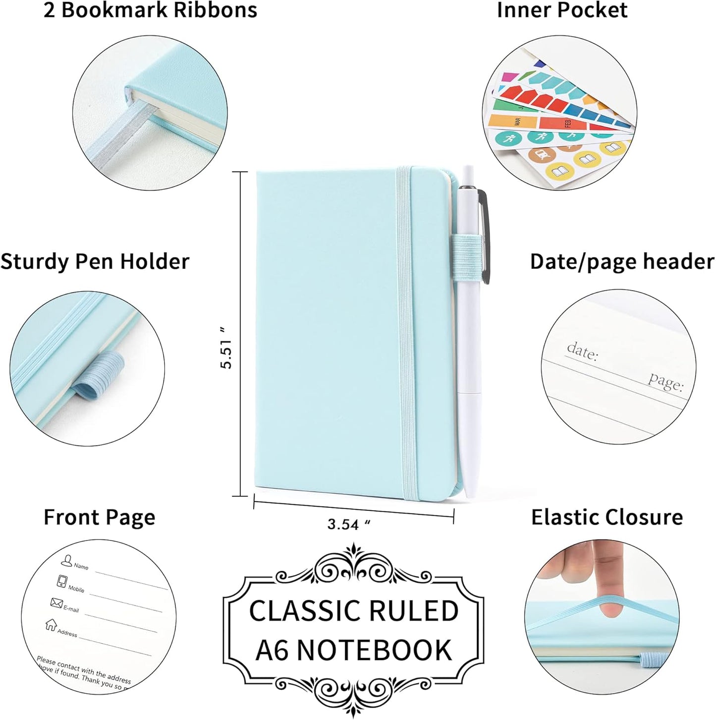feela 3 Pack Pocket Notebook Journals with 3 Black Pens, A6 Mini Cute Small Journal Notebook Bulk Hardcover College Ruled Notepad with Pen Holder for Office School Supplies, 3.5”x 5.5”, Gray