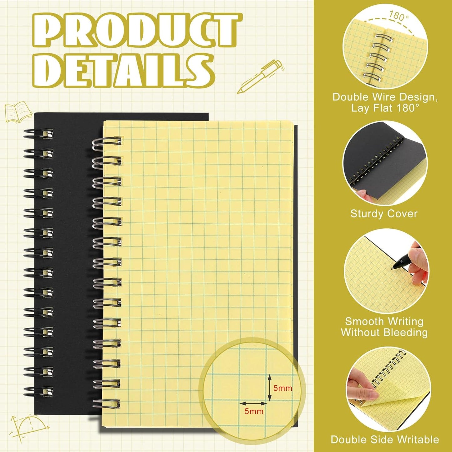 Jutom 6 Pcs Small Graph Paper Pads Notebook Mini Spiral Notebooks Grid Paper 3 x 5 Inch Pocket Notepads 120 Pages Mini Notepads for Office School Work Math Meeting (Black)