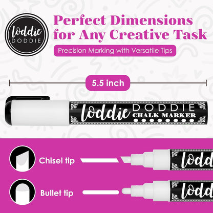 Loddie Doddie Chalk Markers - Pack of 24, 6mm Reversible Tips - Liquid Chalk Pens for Glass Surfaces & Windows - Erasable Pens for Chalkboard Calendar - Non-Toxic Chalkboard Markers