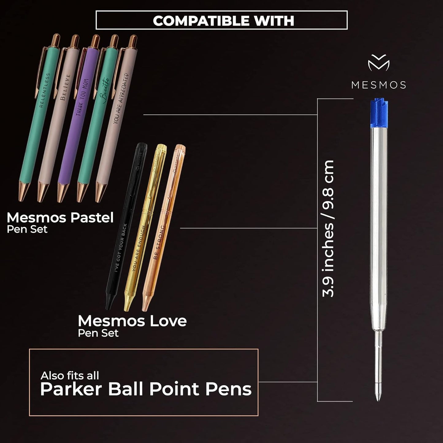 MESMOS 6 Pack 3.9 inch (9.8cm) Pen Refills Ballpoint, Compatible with Ballpoint Parker Pen, (Black Ink)