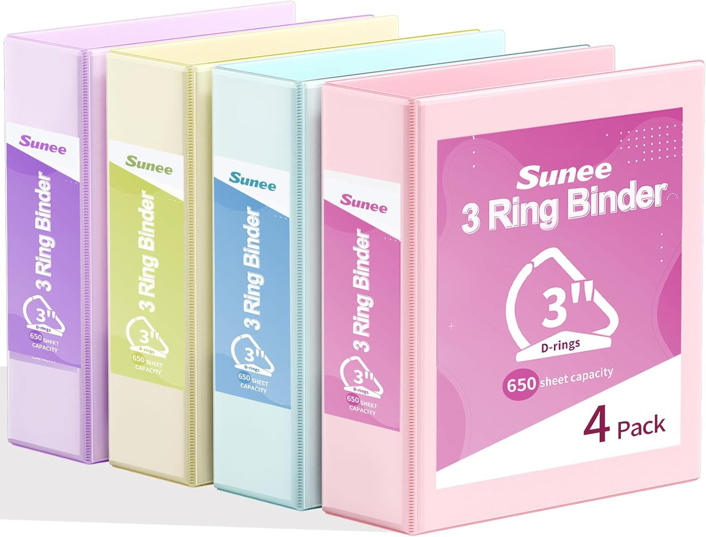 SUNEE 3 Ring Binder 1 Inch D Ring, Clear View Binder Three Ring PVC-Free (Fit 8.5x11 Inches) for School or Office Supplies, Assorted Pastel, 4 Pack