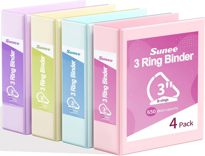 SUNEE 3 Ring Binder 1 Inch D Ring, Clear View Binder Three Ring PVC-Free (Fit 8.5x11 Inches) for School or Office Supplies, Assorted Pastel, 4 Pack