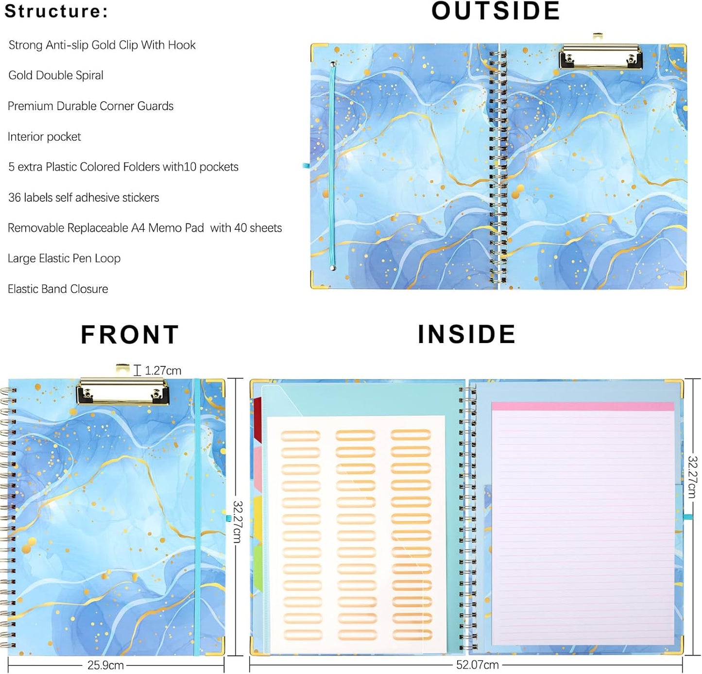 Foldable Spiral Clipboard Folio with Refillable Lined Notepad,5 Plastic Folders with 10 Pockets,Storage Clipboard Folder with Labels,Clipboards with Storage for Office Planner Clip Board-Pale Blue