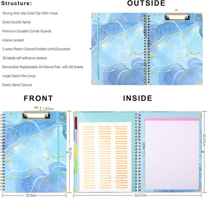 Foldable Spiral Clipboard Folio with Refillable Lined Notepad,5 Plastic Folders with 10 Pockets,Storage Clipboard Folder with Labels,Clipboards with Storage for Office Planner Clip Board-Pale Blue