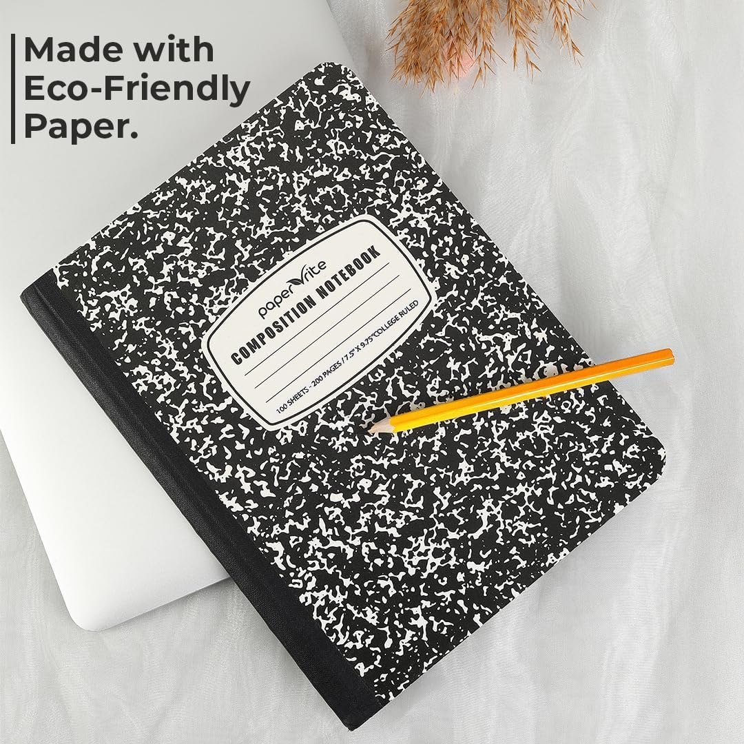 College Ruled Composition Notebook Black Marble | 100 Sheets | 9.75 x 7.5 Inches | Durable Sewn Binding for School & Office Use (12)