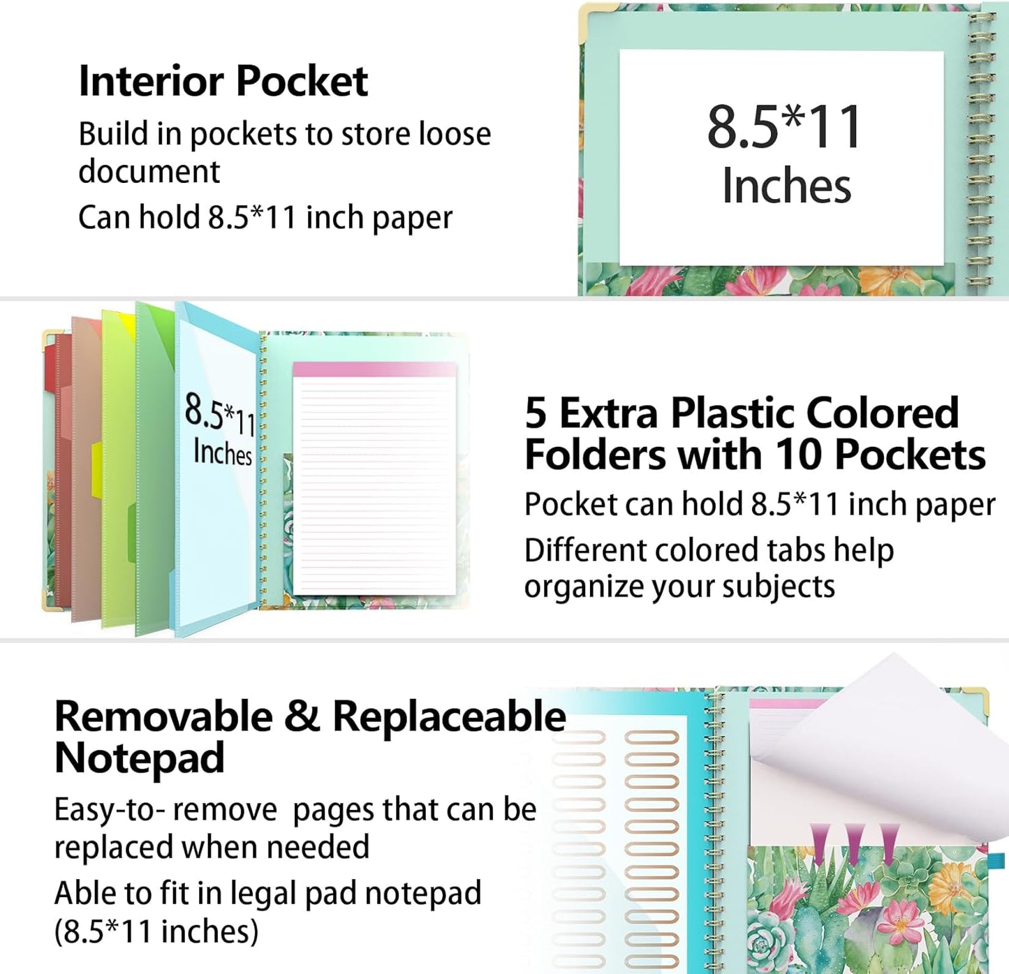 Clipboard Folder with Notepad Refillable Lined for Letter Size (11" x 8.5"), 5 Dividers with Storage 10 Pockets, Cute Spiral Foldable Clipboard with Metal Clip School Office Supplies (Sunflowers)