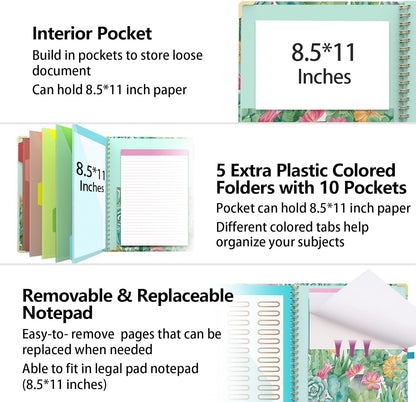 Clipboard Folder with Notepad Refillable Lined for Letter Size (11" x 8.5"), 5 Dividers with Storage 10 Pockets, Cute Spiral Foldable Clipboard with Metal Clip School Office Supplies (Sunflowers)