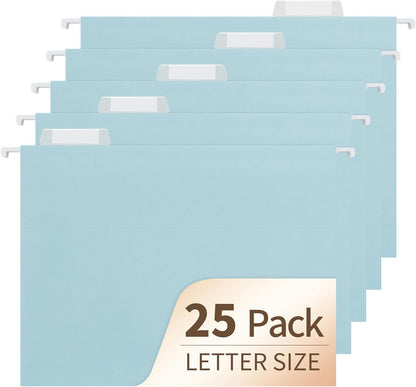 Blue Hanging File Folders,25 Pack Letter Size File Folders with 1/5-cut Tabs,Office Essentials for Filing Cabinet & Desk Storage