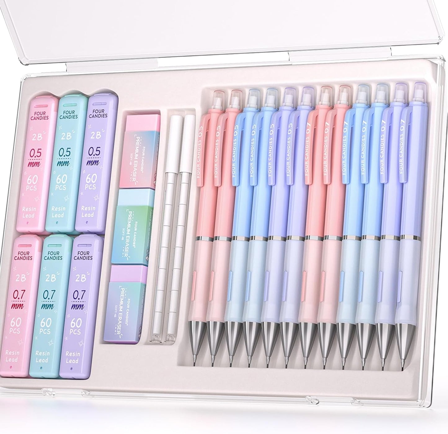 Four Candies Mechanical Pencil Set - 0.7mm (Medium Point), 6PCS Cute Pencils Mechanical with 360PCS (HB & 2B) Lead Refills & 12PCS Erasers & 1PCS Storage Case, Pastel Aesthetic Lead Pencils for School
