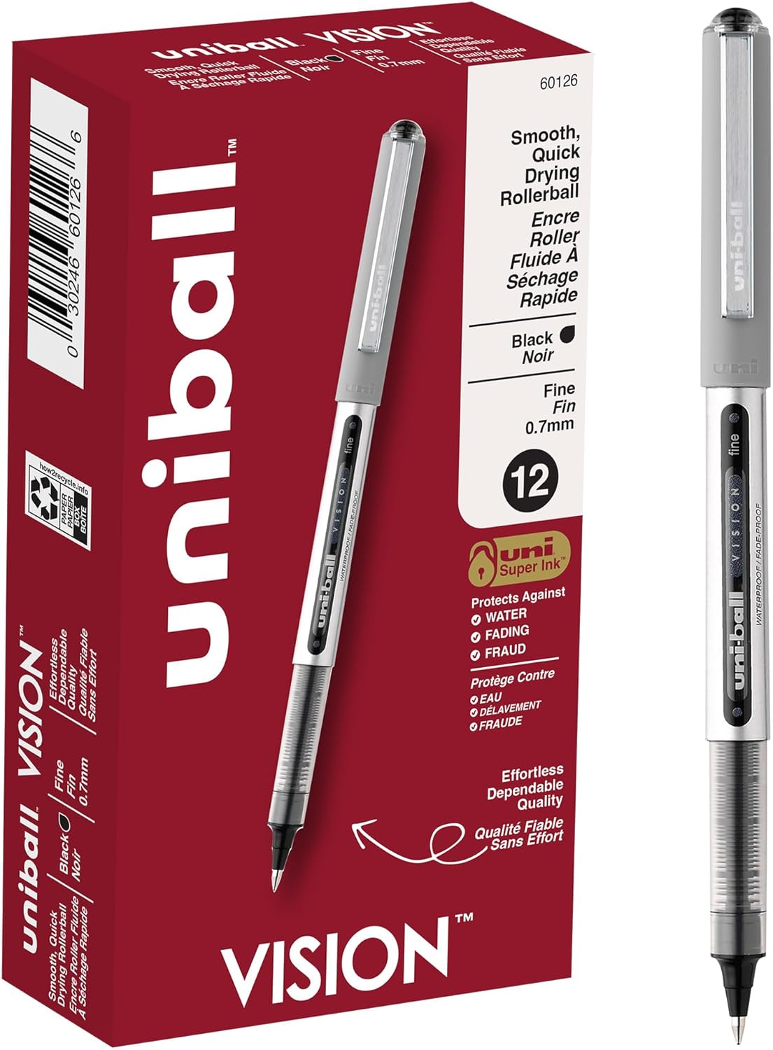 uni-ball Vision Stick Roller Ball Pens, Fine Point, Black Ink, Pack of 4