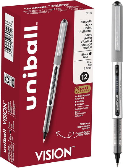uni-ball Vision Stick Roller Ball Pens, Fine Point, Black Ink, Pack of 4