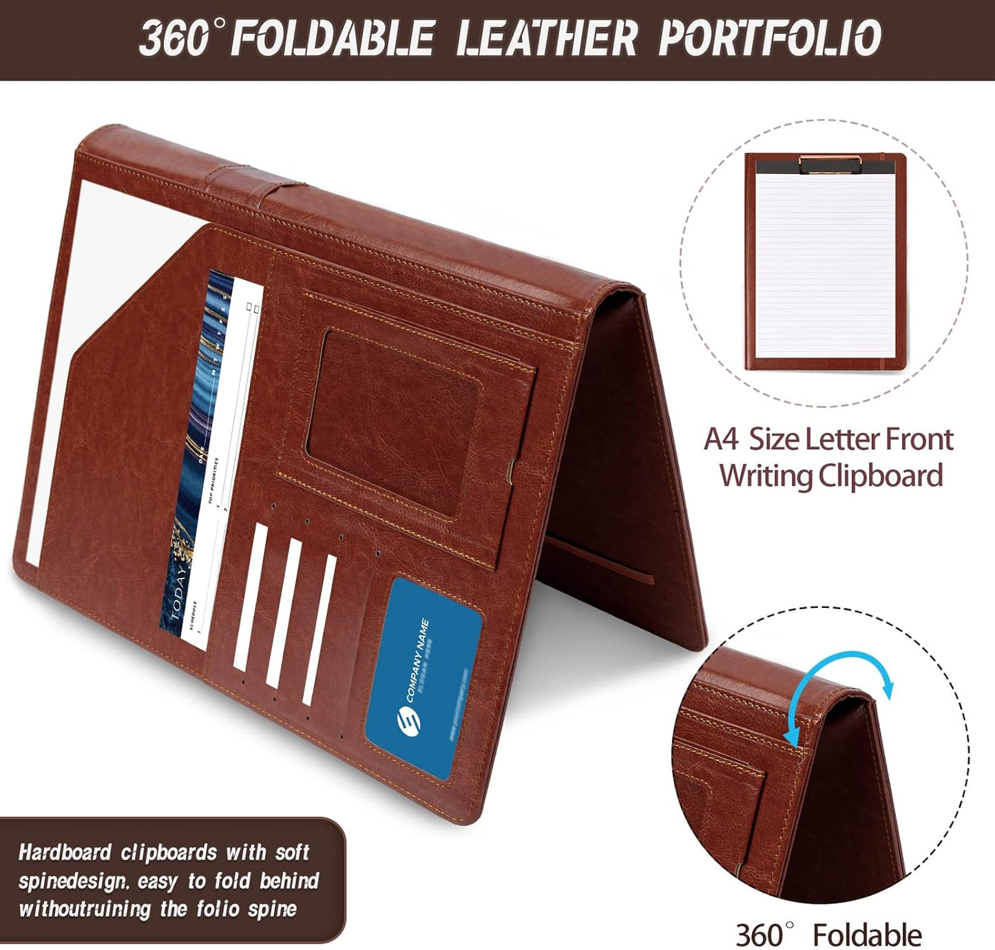 Clipboard Folio Folder Portfolio with Notepad-Pocket Business Card Holder Brown Faux PU Leather Portfolio