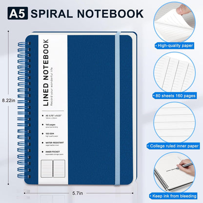 ABERLLS Lined Spiral Journal Notebook with 160 Pages, 8×5.7in, A5 Spiral Notebook, Journaling Notebooks for Work, School, Women, Men, College Ruled Spiral Notebook, Hardcover Leather Journals, Blue