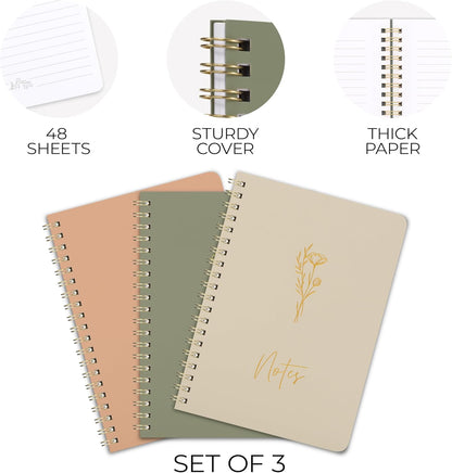 ZICOTO Aesthetic Spiral Notebook Set of 3 For Women - Cute College Ruled 8x6 Journal/Notebook with Large Pockets And Lined Pages - Perfect Supplies to Stay Organized at Work or School