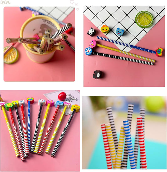 24Pcs Pencils Assorted Cartoon Stripe Colored Wooden Pencils for Supplies Students Prize Gift (animal fruits, 24)