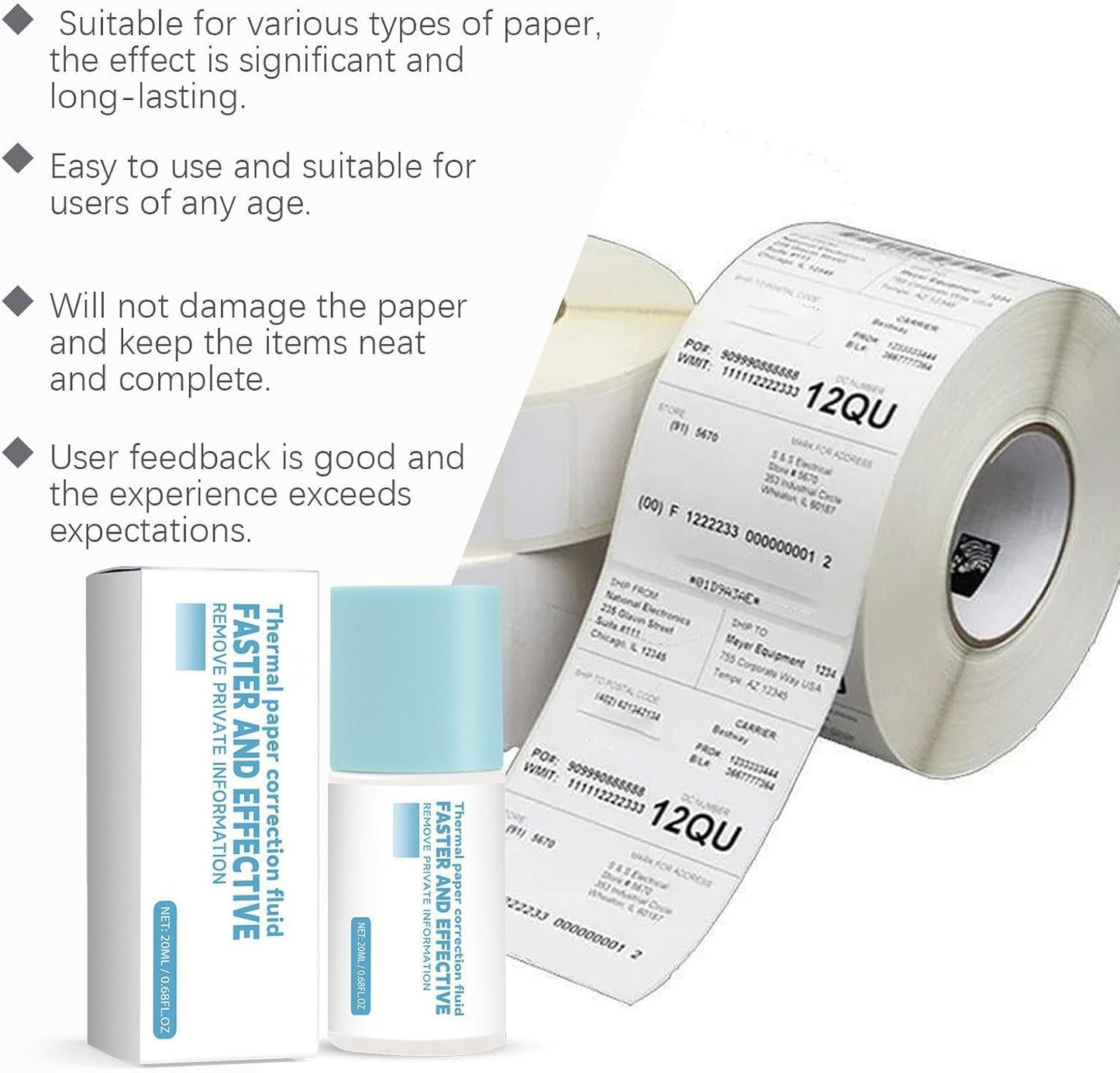 Thermal Paper Eraser - Quick Dry Correction Fluid | 20ml Anti Leakage Handmade Privacy Protection Solution & Thermal Sensitive Paper Restorer for Receipt Ticket Shipping and Document