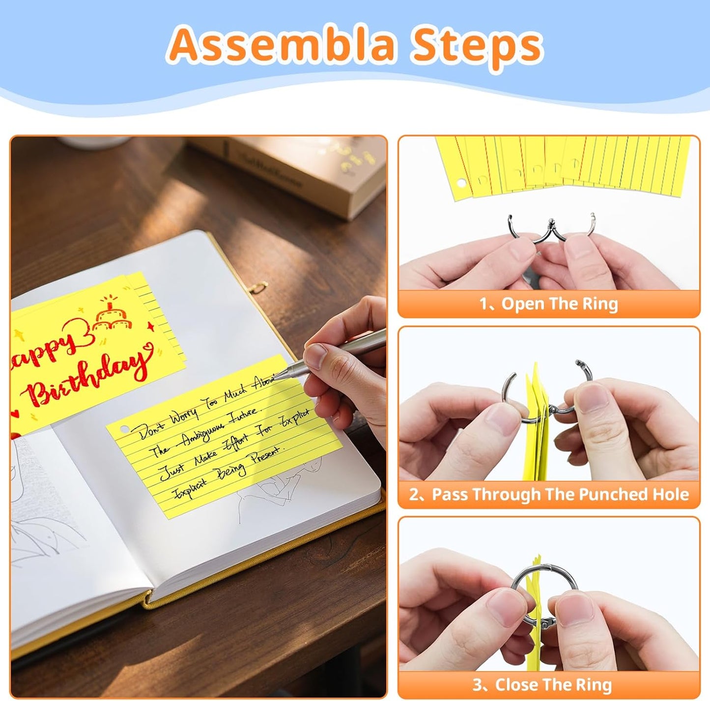 Index Cards 3x5 Inches, 300 PCS, Colored Flash Cards With Ring, Punched Lined Study Card Ruled Flashcards Notecards, Ruled Front And Blank Back, Note Card for School, College And Home