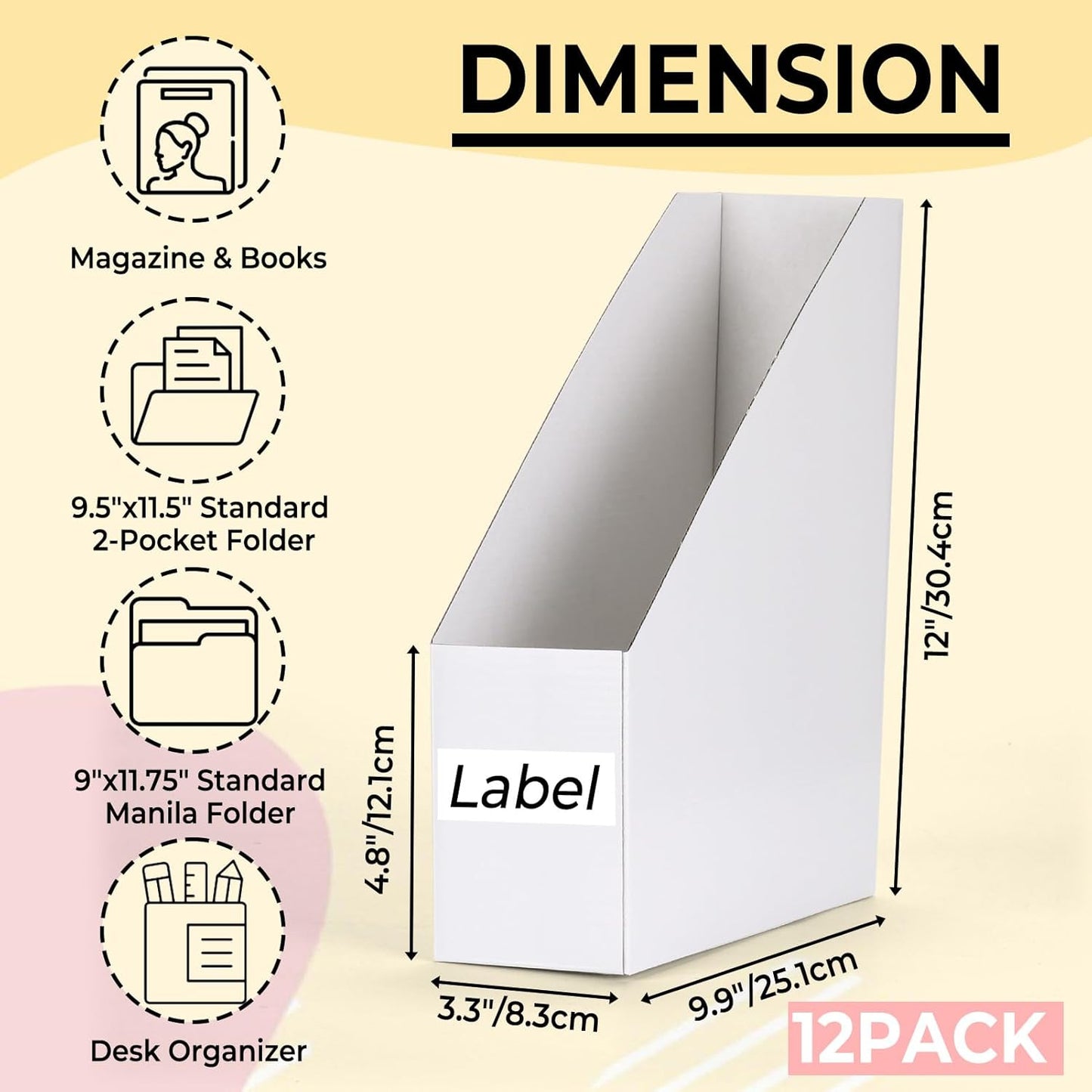 EXYGLO 12 Pack Brown Magazine File Holder, Cardboard Magazine Rack with Label, Foldable Storage Organizer Box for Book, Documents, 10x3.3x12 Inches