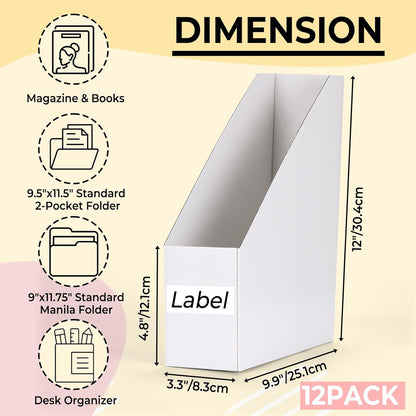 EXYGLO 12 Pack Brown Magazine File Holder, Cardboard Magazine Rack with Label, Foldable Storage Organizer Box for Book, Documents, 10x3.3x12 Inches