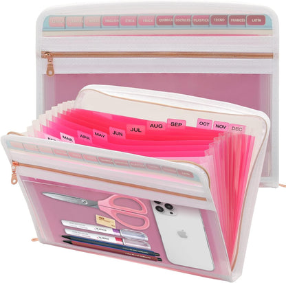 Mukawa 13 Pocket Zippered Expanding File Folder, Accordion File Organizer for Documents Letter Size A4 Papers (Pink)
