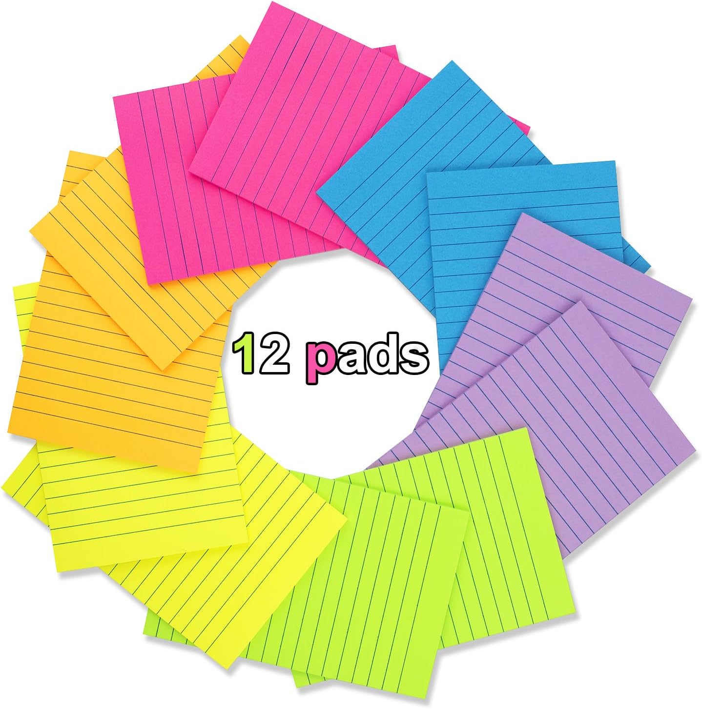 (12 Pack) Lined Sticky Notes 4x6 in,Large Notepads with Lines,Ruled Stickies Super Sticking Power,Office School Memo Note Pads Bright Colors,Post on Windows Doors,Recyclable,Easy to Write on