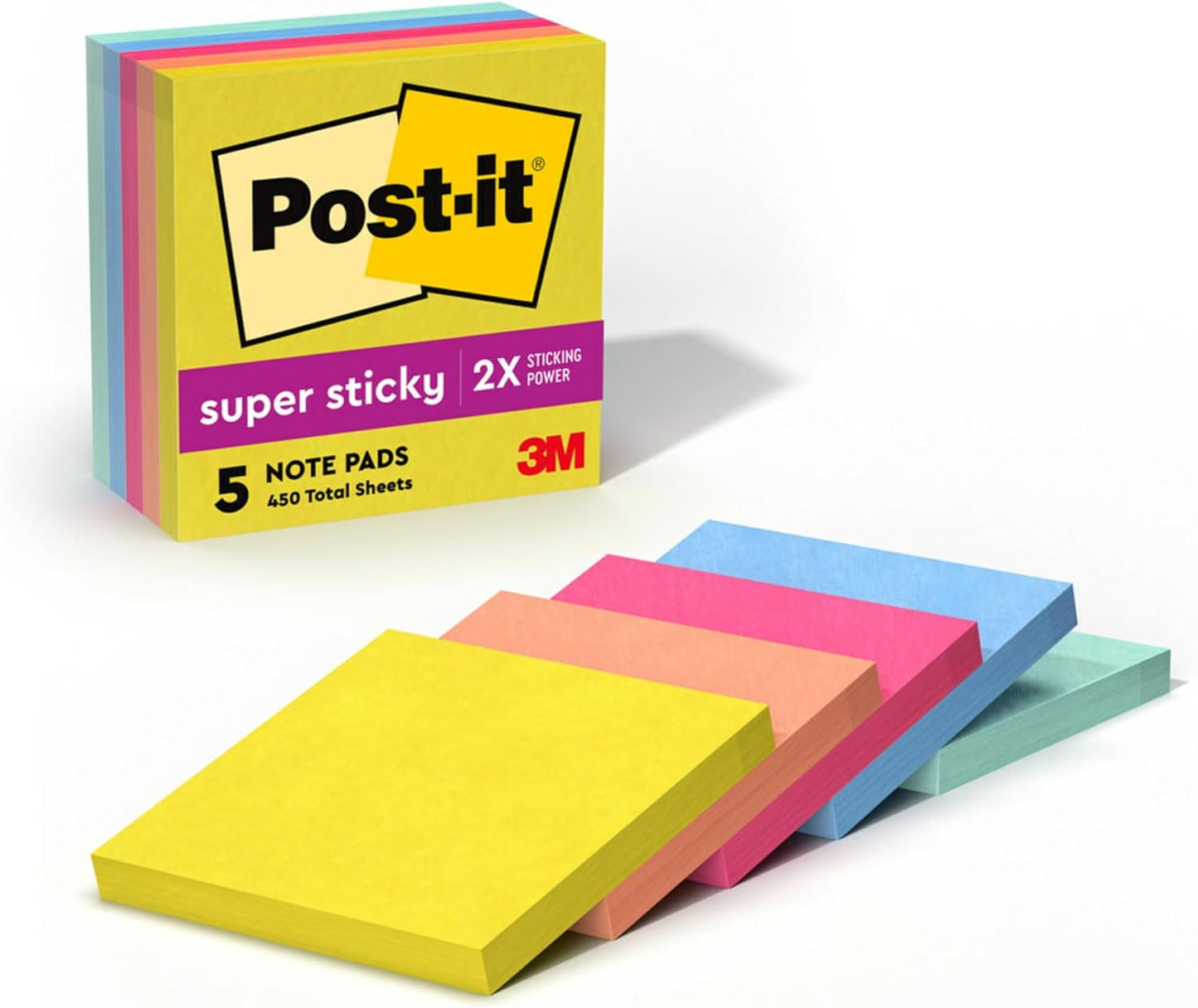 Post-it Super Sticky Notes, 5 Sticky Note Pads, 3 x 3 in., School Supplies, Office Products, 2X the Sticking Power, Summer Joy Collection