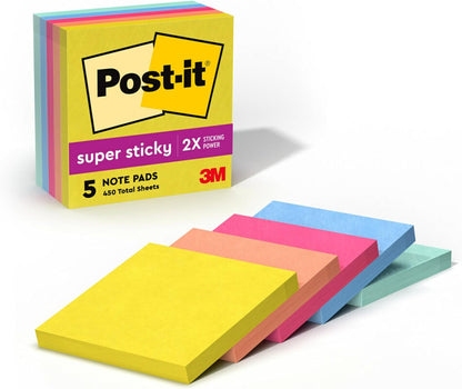 Post-it Super Sticky Notes, 5 Sticky Note Pads, 3 x 3 in., School Supplies, Office Products, 2X the Sticking Power, Summer Joy Collection