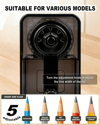 Pencil Sharpener Manual Black 5 Thickness Adjustable & Self-Feed Hand Crank Desktop Portable Pencil Sharpener for 6.5-8mm Pencil Nibs Classroom Home and Office Artists