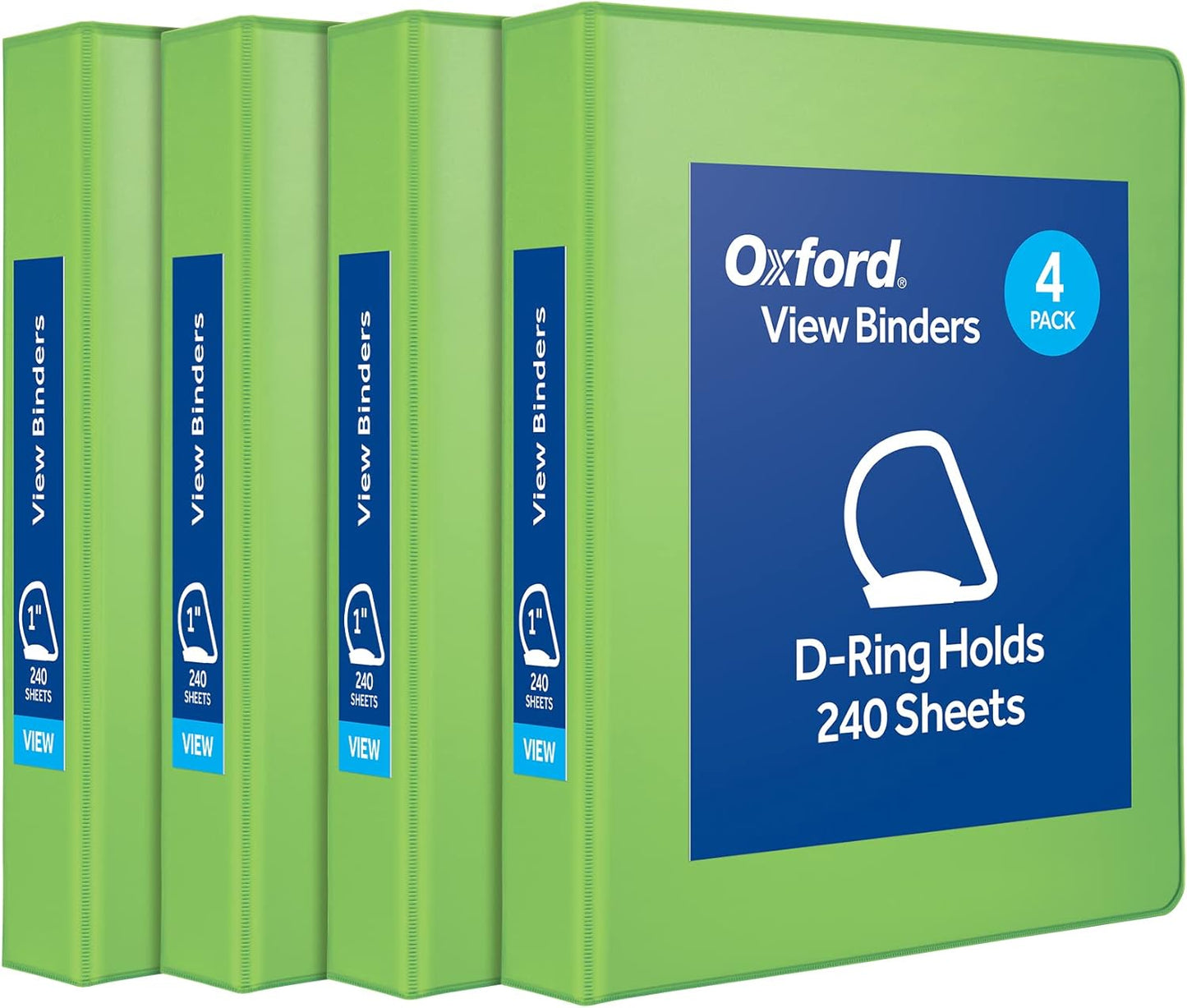 Oxford® 3 Ring Binders, Binders for School and Office, Durable 2 inch D Rings, Holds 540 Sheets, ClearVue™ Presentation Binder, Green, 4PK