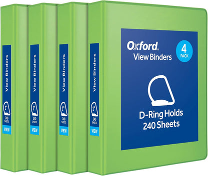 Oxford® 3 Ring Binders, Binders for School and Office, Durable 2 inch D Rings, Holds 540 Sheets, ClearVue™ Presentation Binder, Green, 4PK