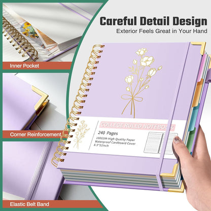 Hardcover Spiral Notebooks 8.5" X 11" Note Taking 5 Subject Notebook College Ruled with Dividers 240 Pages 100GSM Aesthetic Spiral Notebook for Work School Cute Journals for Women Writing