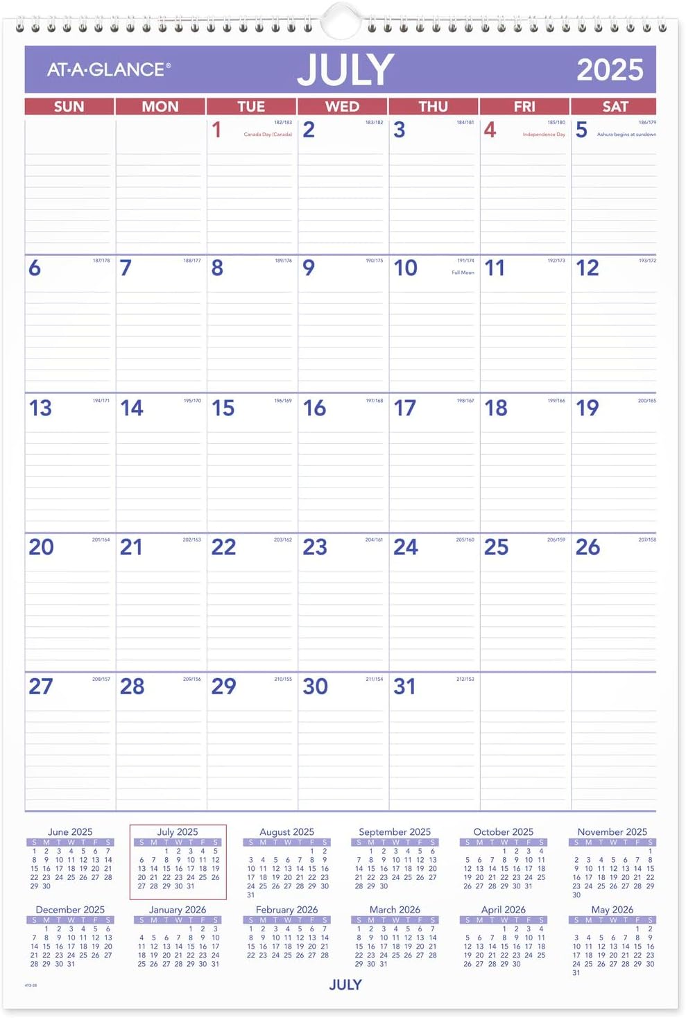 AT-A-GLANCE Wall Calendar 2026-2027 Planner, Academic 12-Month July-June, Monthly, 15-1/2" x 22-3/4", Ruled Daily Blocks (AY328)