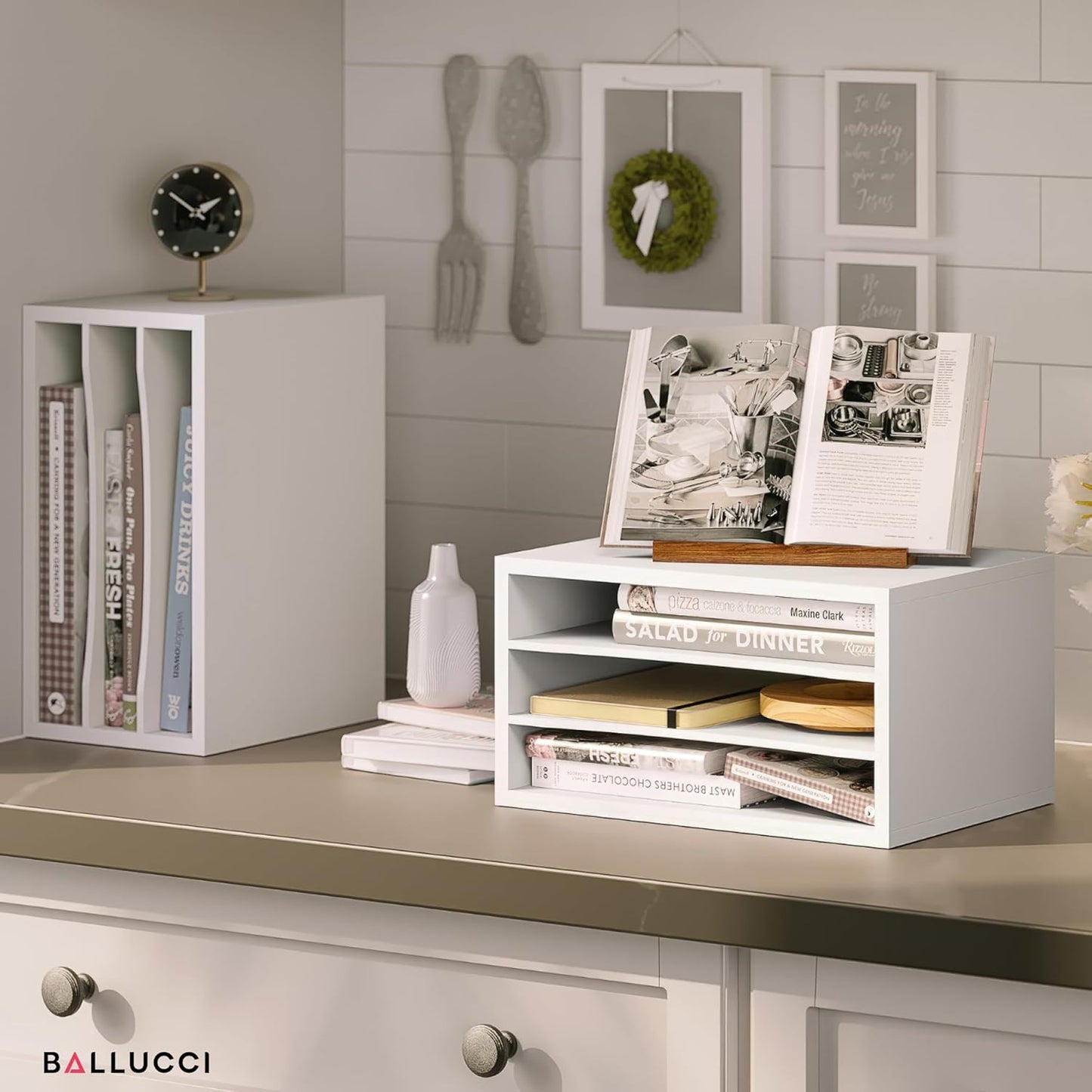 Ballucci 4-Tier Paper Organizer for Desk, Stackable Tray, Desk Storage Organizer Shelves, Stacking Letter Paper Tray Sorter for Classroom Office, Black