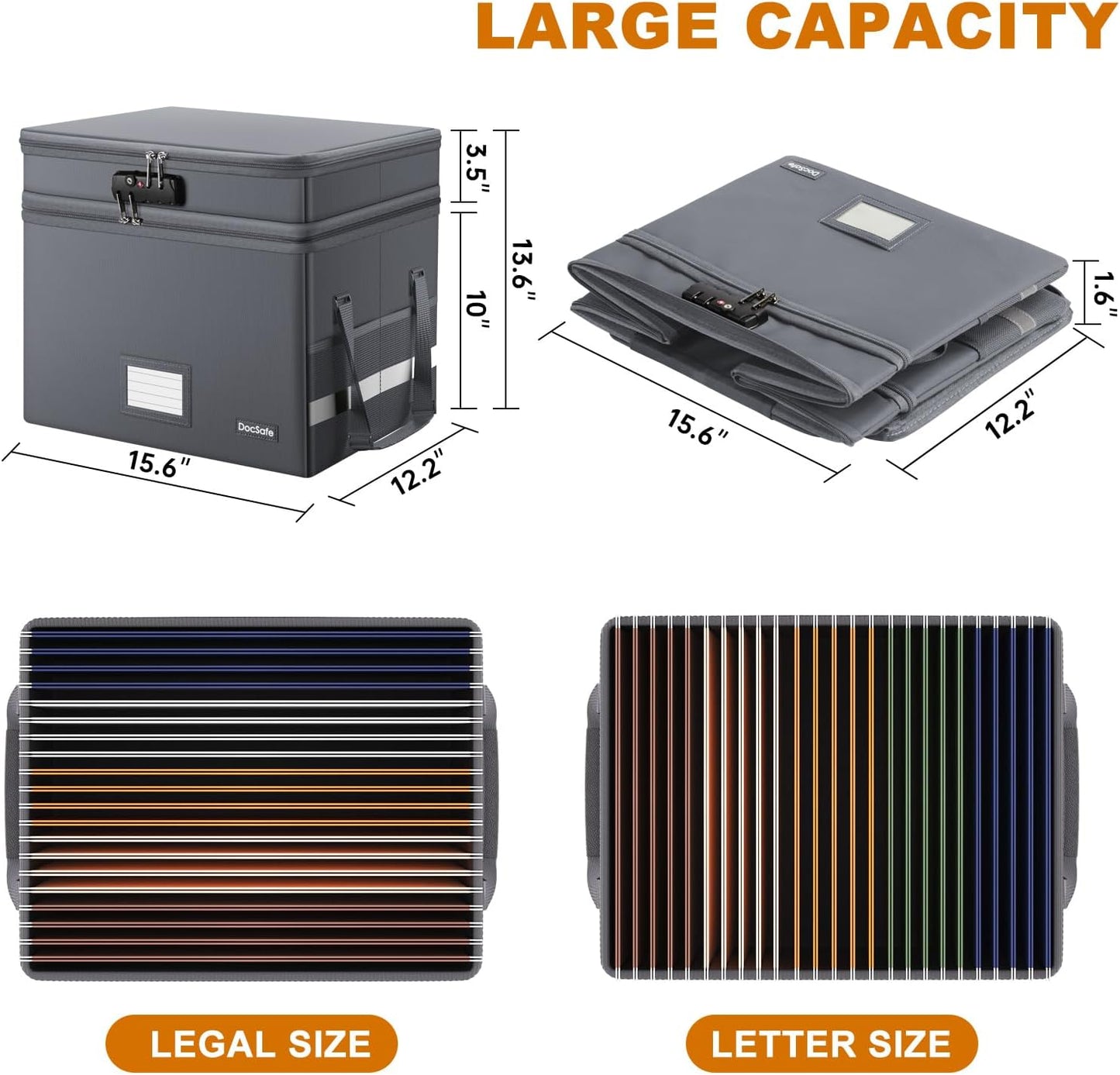 DocSafe File Box with Lock,Multi-Layer Fireproof Document Box Collapsible File Storage Organizer with Pockets/Handle,Large Portable Home Office Filing Safe for Hanging Letter/Legal Size Folders,Black