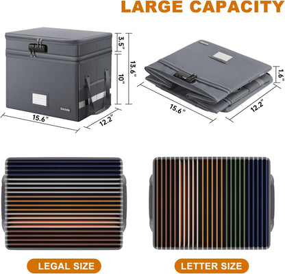 DocSafe File Box with Lock,Multi-Layer Fireproof Document Box Collapsible File Storage Organizer with Pockets/Handle,Large Portable Home Office Filing Safe for Hanging Letter/Legal Size Folders,Black