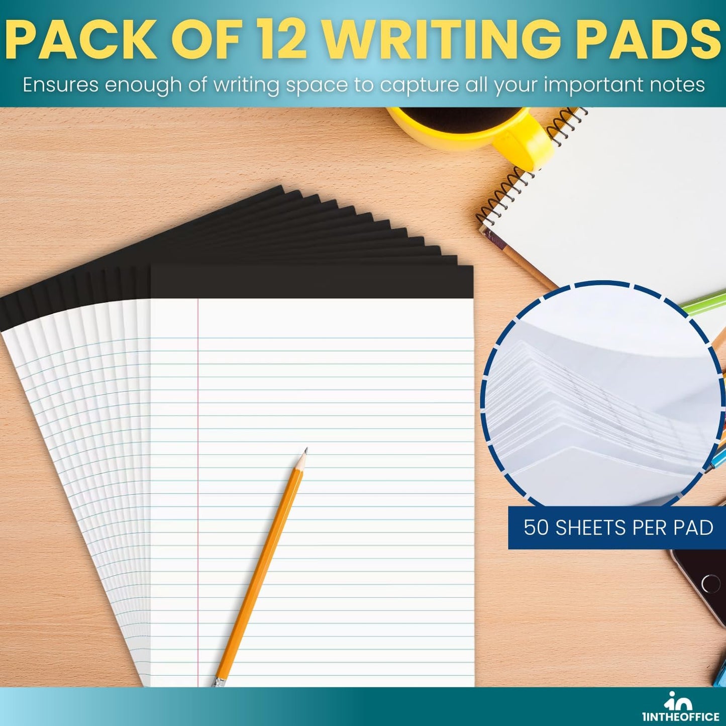 1InTheOffice Note Pads 8.5 x 11, Wide-Ruled Letter Size Writing Pads, White 50 Sheets per Notepads, 12 Pack