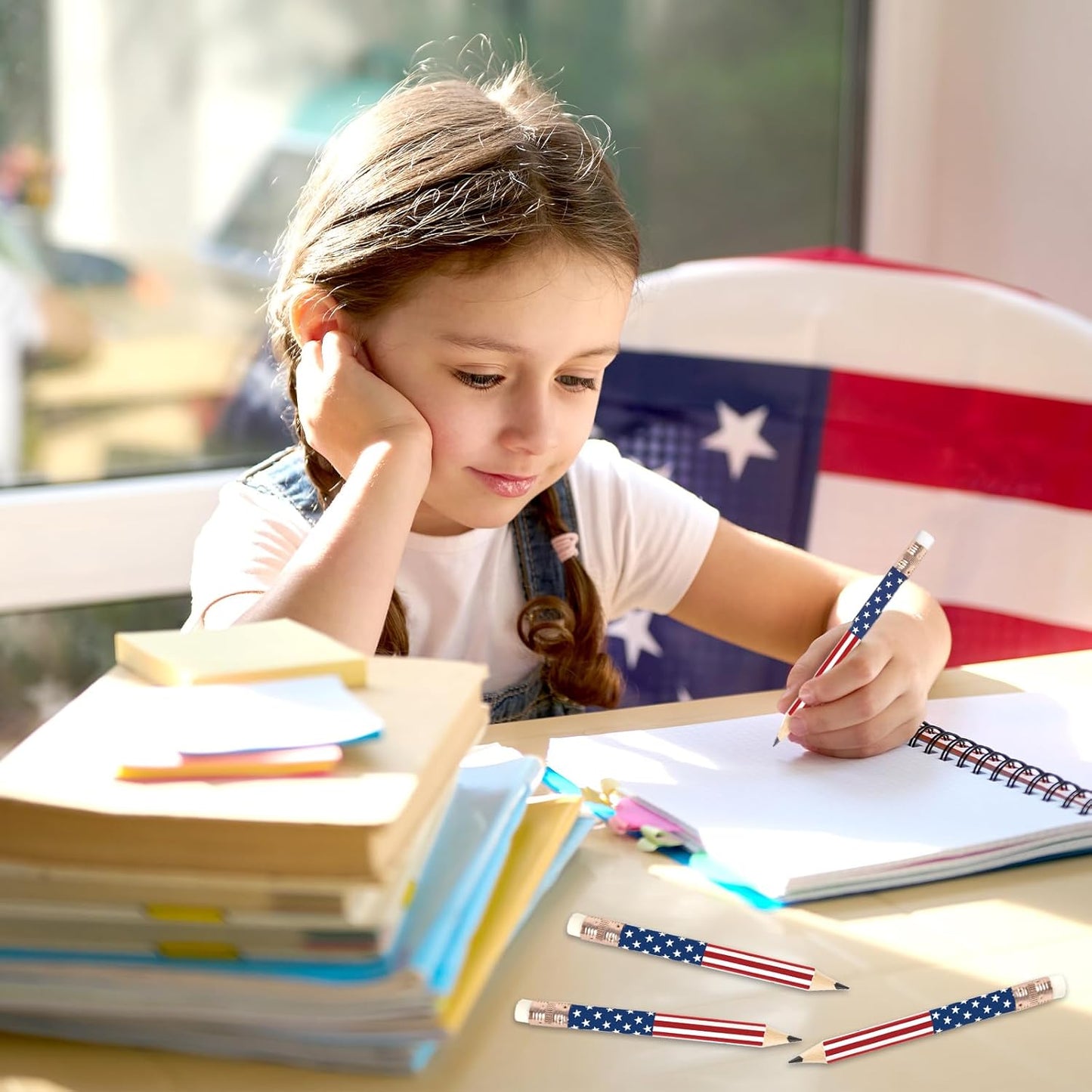 JarThenaAMCS 50Pcs Independence Day Pencil with Erasers American Flag Short Writing Wooden Pencils Red White Blue Patriotic Half Pencil for 250th Anniversary 4th of July School Office Supplies, 4 in