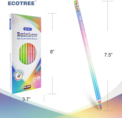 ECOTREE Pre-sharpened Pencils #2 Eco Rainbow Paper Pencil Cute Pencil for Kids Number 2 Pencils with Erasers for School, Writing, 12 Count