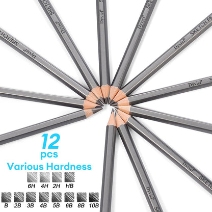 Dyvicl Professional Drawing Sketching Pencil Set - 12 Pieces Drawing Pencils 10B, 8B, 6B, 5B, 4B, 3B, 2B, B, HB, 2H, 4H, 6H Graphite Pencils for Kids, Beginners, Pro Artists