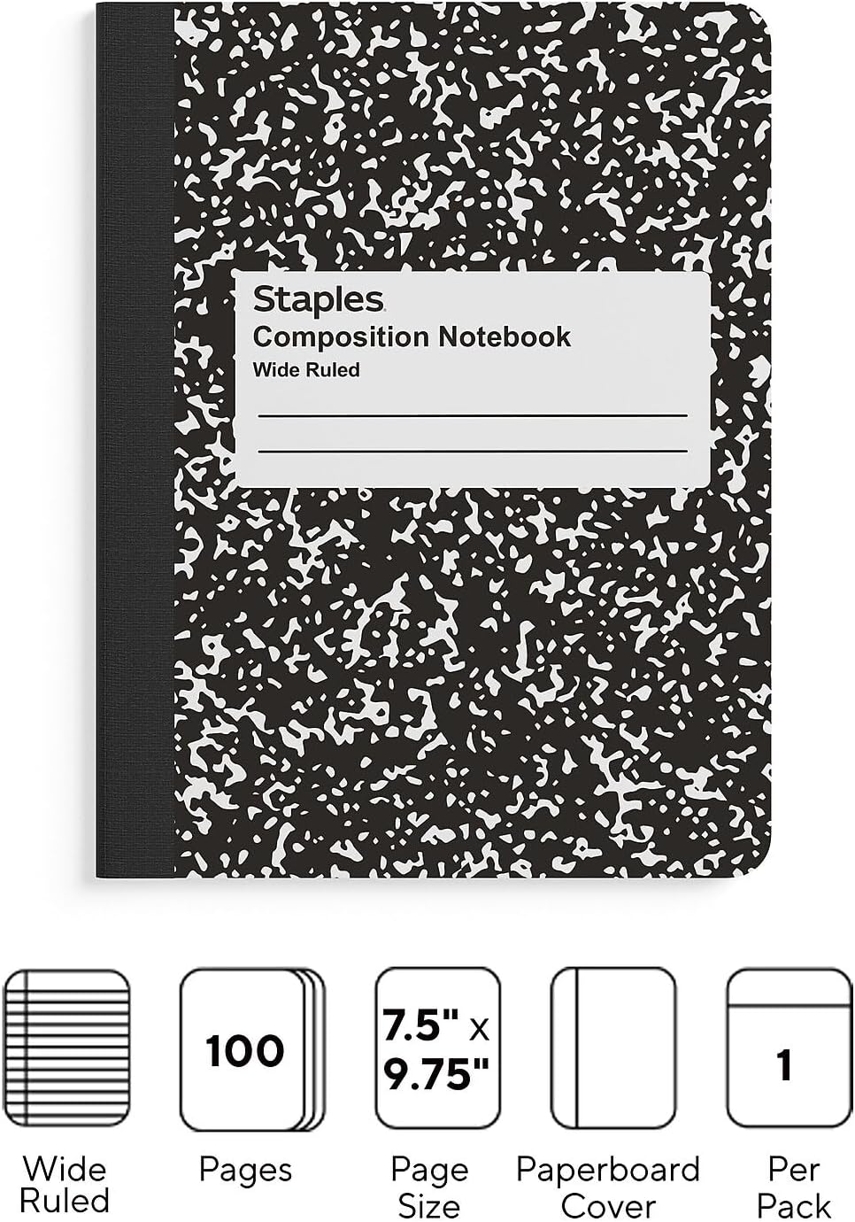 STAPLES Composition Notebook, 9.75” x 7.5”, Wide Ruled, 100 Sheets, Green Cover