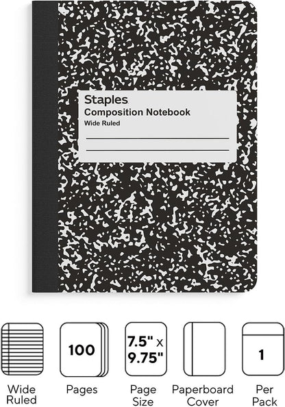 STAPLES Composition Notebook, 9.75” x 7.5”, Wide Ruled, 100 Sheets, Green Cover