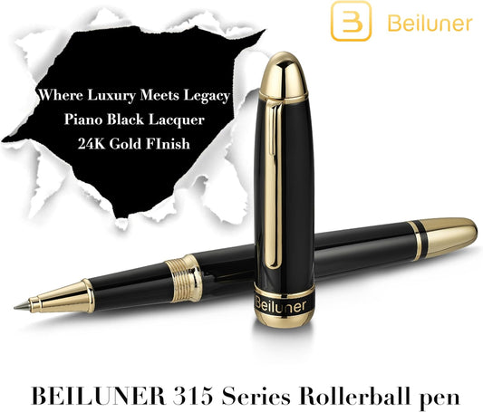 BEILUNER 315 Luxury Rollerball Pen, with 24K Gold Finish, Black Piano Lacquer, Luxury Grade Craftsmanship, Best Pen Gift Set for Men and Women, Professional, Executive, Office, Fancy, Nice Pens