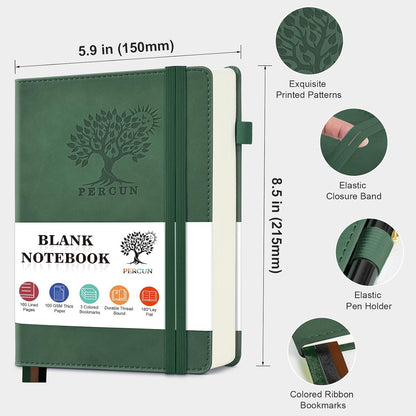 PERCUN Graph Paper Notebook, 160 Pages Grid Journal for women & men, A5 Hardcover Leather Graphing Notebook for School, Work, Travel, Note Taking 5.9”x8.5” (Black)